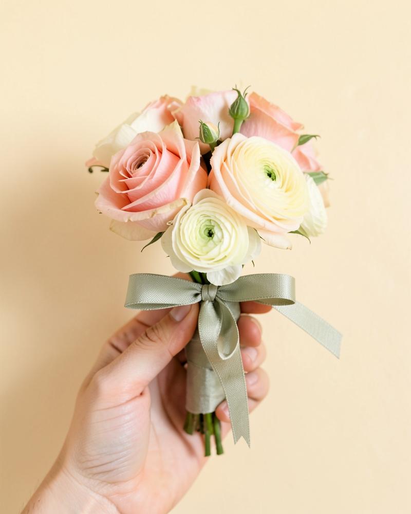 Small blush pink rose and ivory ranunculus handheld nosegay