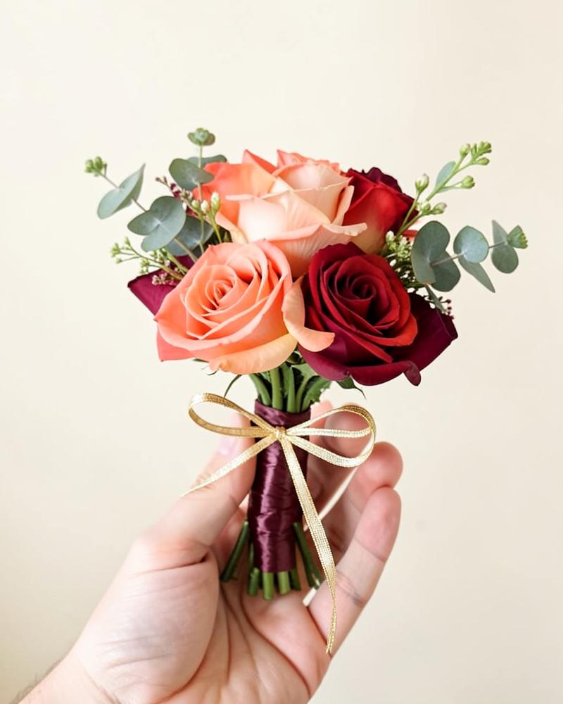 Coral and peach handheld prom bouquet with burgundy accents