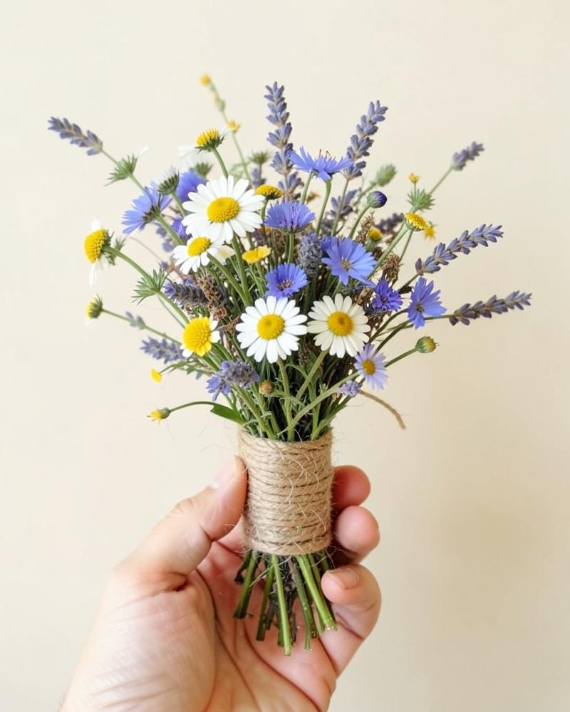 Wildflower handheld bouquet with cornflowers, chamomile and lavender
