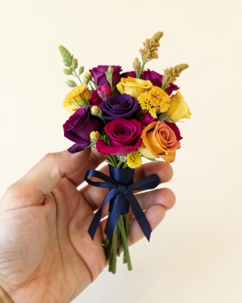 Jewel-tone handheld bouquet in purple, magenta and gold