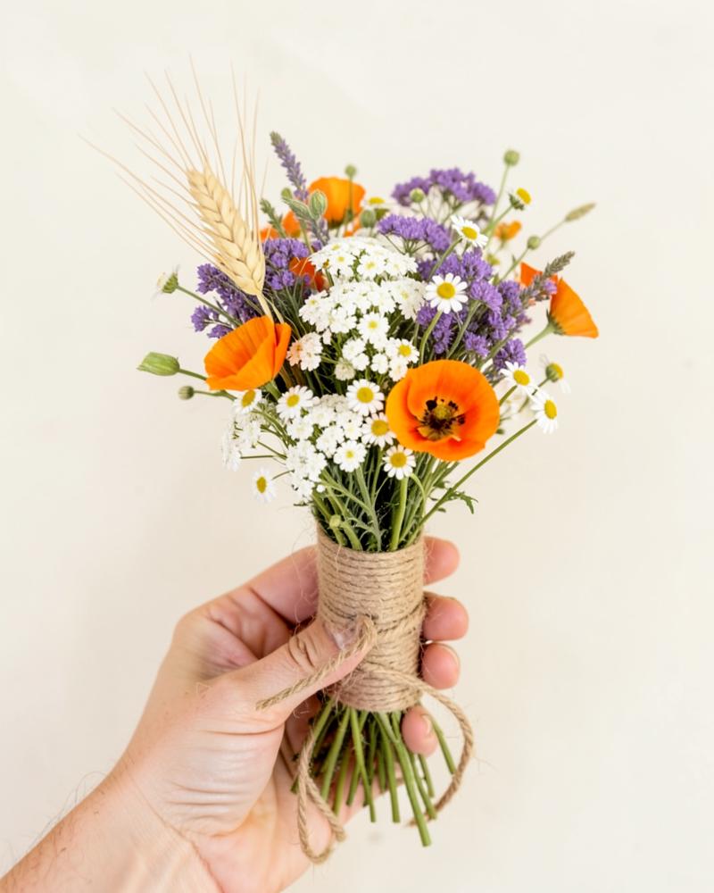 Rustic wildflower bouquet with Queen Anne's lace and poppies