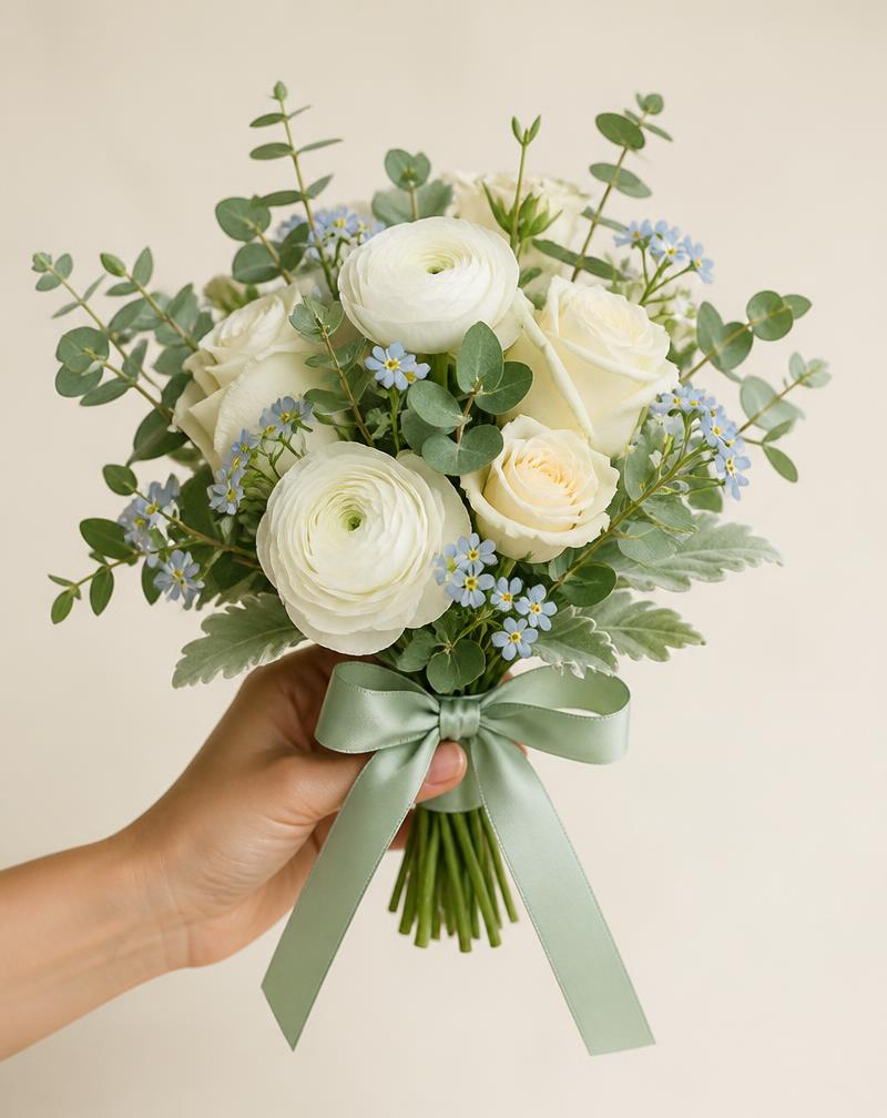 Spring handheld nosegay with cream roses, white ranunculus and forget-me-nots