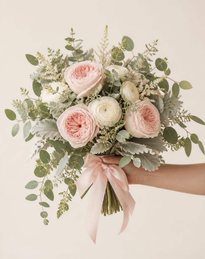Fuller blush garden rose and ranunculus handheld bouquet with trailing eucalyptus
