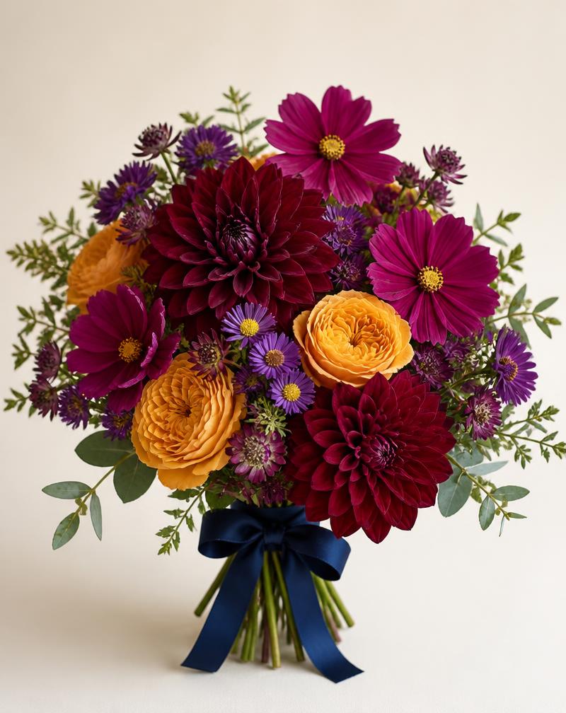 Fuller jewel-tone bouquet with burgundy dahlias, magenta cosmos and gold roses