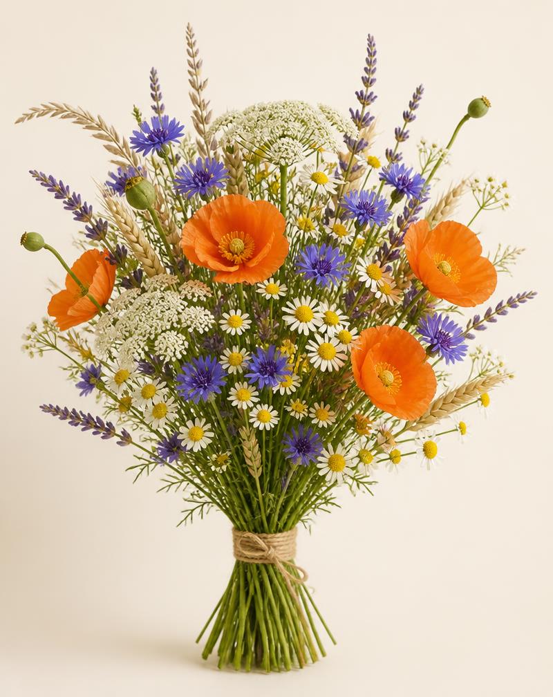 Fuller wildflower bouquet with poppies, cornflowers, lavender and wheat